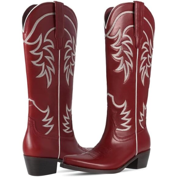 ⚡Women's Red Knee High Chunky Heel Pointed Toe Wide Calf Pull On Embroidered - Picture 3 of 5